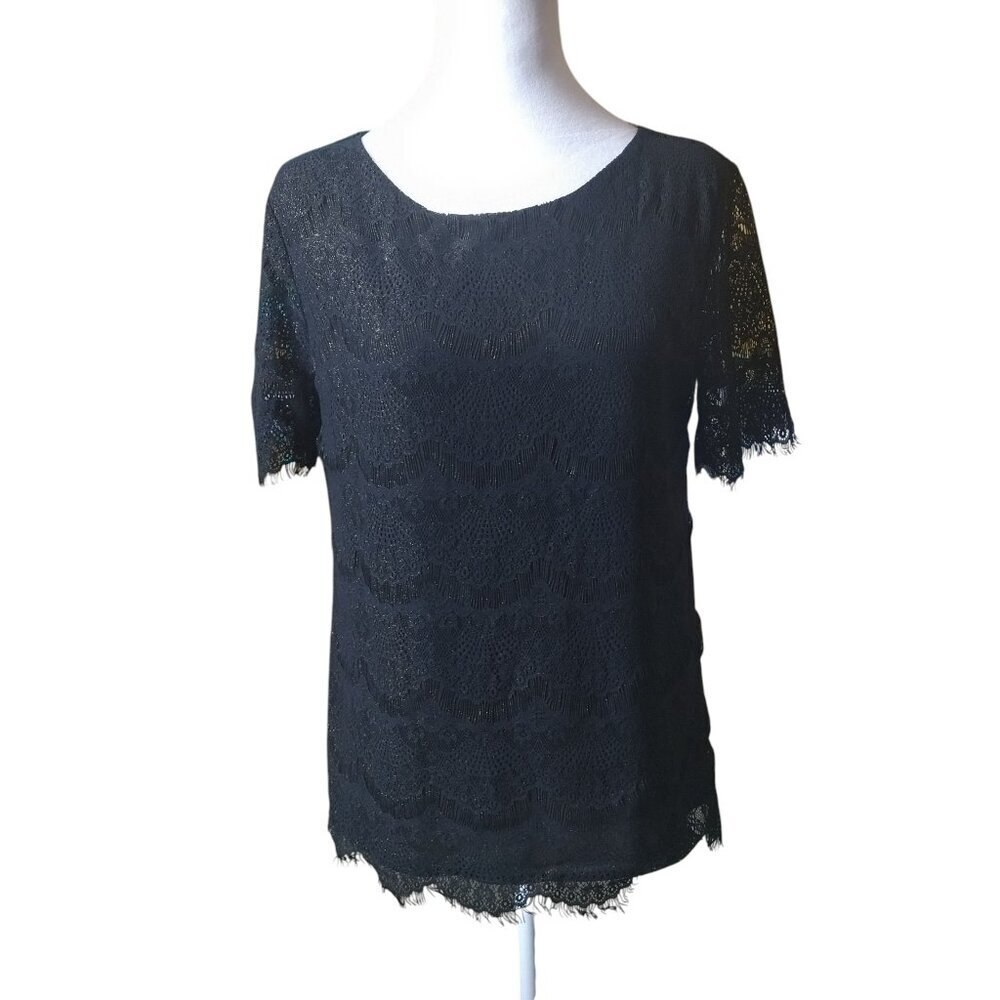 J.Crew Women's XS Short Sleeve Black Lace Pullover Blouse Gold Metallic Accents